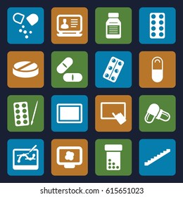 Tablet icons set. set of 16 tablet filled icons such as stairs, paints, laptop, pill, medical pills, medicine, atom on display