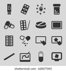 Tablet icons set. set of 16 tablet filled icons such as stairs, paints, pill, medical pills, virus and pills, usb drive