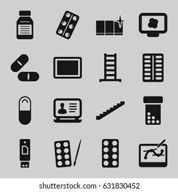 Tablet icons set. set of 16 tablet filled icons such as ladder, stairs, paints, clean window, laptop, pill, medical pills, medicine, atom on display, usb drive