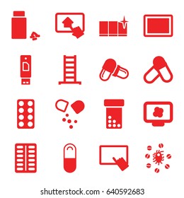 Tablet icons set. set of 16 tablet filled icons such as ladder, clean window, pill, medicine, virus and pills, atom on display, usb drive