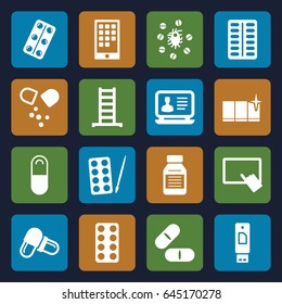 Tablet icons set. set of 16 tablet filled icons such as ladder, paints, finger on tablet, clean window, laptop, pill, medical pills, medicine, virus and pills