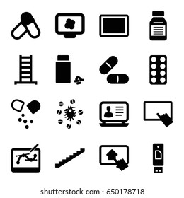Tablet icons set. set of 16 tablet filled icons such as ladder, stairs, laptop, pill, medicine, virus and pills