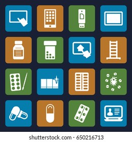 Tablet icons set. set of 16 tablet filled icons such as ladder, paints, clean window, laptop, pill, medical pills, medicine, virus and pills, calendar on phone, usb drive