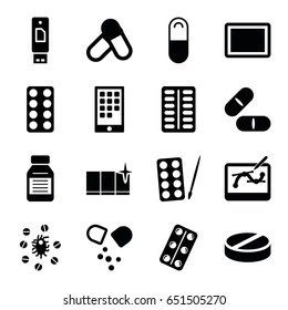 Tablet icons set. set of 16 tablet filled icons such as paints, clean window, pill, medical pills, medicine, virus and pills, calendar on phone