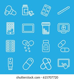 Tablet icons set. set of 16 tablet outline icons such as stairs, pill, medicine, medical pills, calendar on phone, atom on display, usb drive