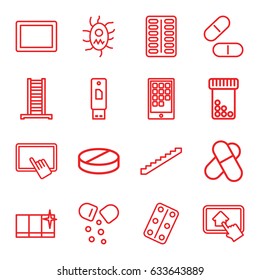 Tablet icons set. set of 16 tablet outline icons such as ladder, stairs, clean window, pill, medical pills, virus and pills, calendar on phone, usb drive