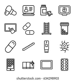 Tablet icons set. set of 16 tablet outline icons such as ladder, stairs, clean window, laptop, pill, medicine, virus and pills, calendar on phone, atom on display, usb drive