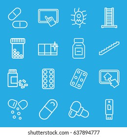 Tablet icons set. set of 16 tablet outline icons such as ladder, stairs, clean window, pill, medicine, medical pills, virus and pills, usb drive