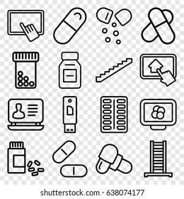 Tablet icons set. set of 16 tablet outline icons such as ladder, stairs, laptop, pill, medicine, atom on display, usb drive