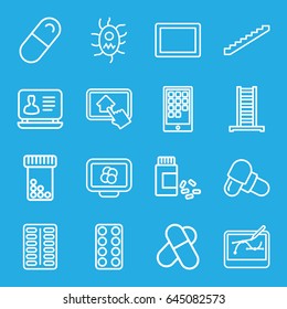 Tablet icons set. set of 16 tablet outline icons such as ladder, stairs, laptop, pill, medicine, virus and pills, calendar on phone