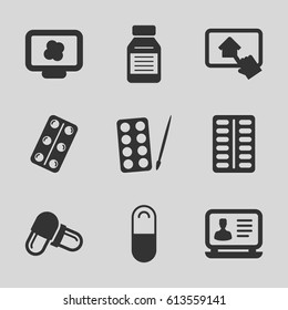 Tablet icons set. set of 9 tablet filled icons such as paints, laptop, pill, medical pills, medicine, home on tablet