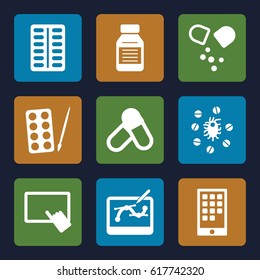 Tablet icons set. set of 9 tablet filled icons such as paints, pill, medicine, virus and pills