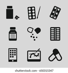 Tablet icons set. set of 9 tablet filled icons such as paints, pill, medicine, medical pills, calendar on phone