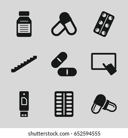 Tablet icons set. set of 9 tablet filled icons such as stairs, finger on tablet, pill, medical pills, medicine