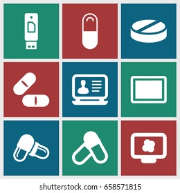 Tablet icons set. set of 9 tablet filled icons such as laptop, pill, tablet, atom on display