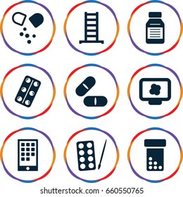 Tablet icons set. set of 9 tablet filled icons such as ladder, paints, pill, medical pills, medicine, calendar on phone, atom on display