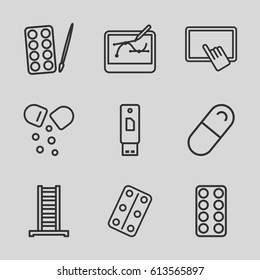 Tablet icons set. set of 9 tablet outline icons such as ladder, paints, pill, medical pills