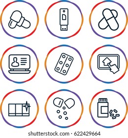 Tablet icons set. set of 9 tablet outline icons such as clean window, laptop, pill, medicine, medical pills, home on tablet