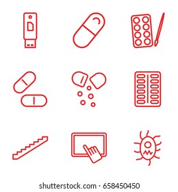 Tablet icons set. set of 9 tablet outline icons such as stairs, paints, finger on tablet, pill, virus and pills