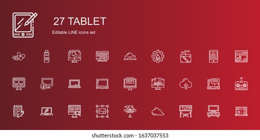 tablet icons set. Collection of tablet with exhibition, cloud computing, graphic design, computer, design, trial, laptop, graphic tablet, stand. Editable and scalable icons.