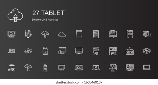 tablet icons set. Collection of tablet with graphic design, design, laptop, graphic tablet, pendrive, cloud computing, stand, exhibition, screen. Editable and scalable icons.