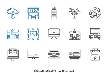 tablet icons set. Collection of tablet with stand, computer, laptop, screen, remote control, graphic design, pharmacy, cloud computing, pendrive. Editable and scalable tablet icons.