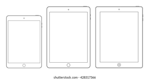 tablet icons set in outline design isolated on white background. device mockup in thin line style. stock vector illustration