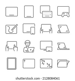 Tablet icons set. Various options for using the tablet, headsets, accessories, icon collection. Line with editable stroke