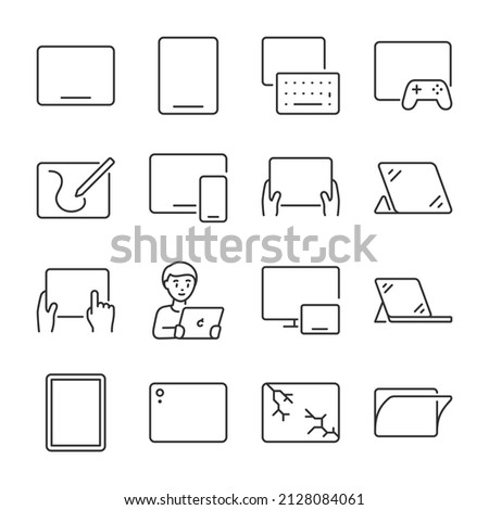 Tablet icons set. Various options for using the tablet, headsets, accessories, icon collection. Line with editable stroke