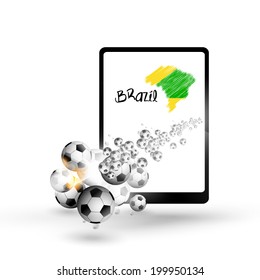 Tablet illustration brazil map with soccer ball,  easy all editable text or other elements