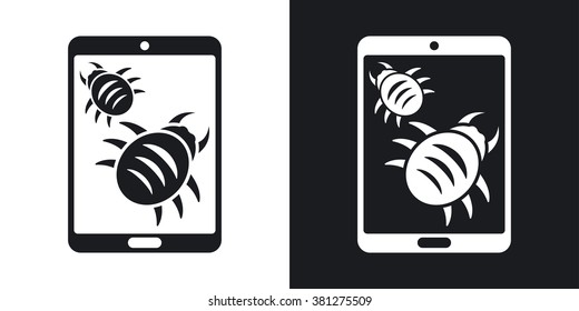 Tablet is infected by malware, vector illustration. Two-tone version on black and white background