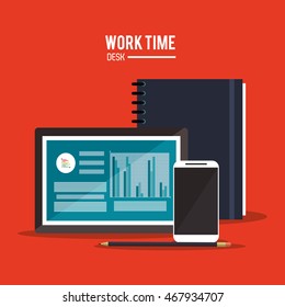 tablet infographic document smartphone notebook pencil office work time supply icon. Colorfull and flat illustration, vector