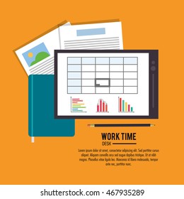 tablet infographic notebook document office work time supply icon. Colorfull and flat illustration, vector