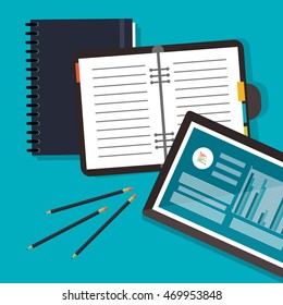 tablet infographic notebook worktime desk office supply icon. Colorful design. Vector illustration