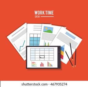 tablet infographic pen document office work time supply icon. Colorfull and flat illustration, vector