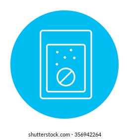 Tablet into a glass of water line icon for web, mobile and infographics. Vector white icon on the light blue circle isolated on white background.