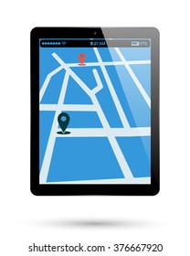 Tablet isolated with map location. Computer pad with location point. Vector illustration.