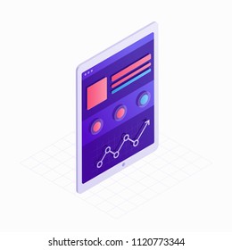 Tablet isometric icon with touchscreen and website 3D design vector illustration. Concept of digital technology with infographic elements for presentation, landing page