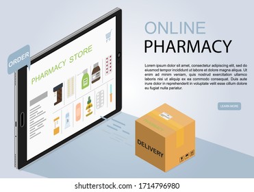 Tablet in isometry, an online medicine store concept for a banner, web page, flyer, or mobile app. Pharmacy store online with home delivery. Website with pills, medications, and other medications for