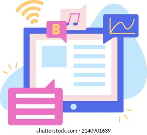 Tablet with labels of online activity.