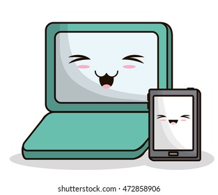 tablet laptop kawaii cartoon smiling technology icon. Colorful and flat design. Vector illustration