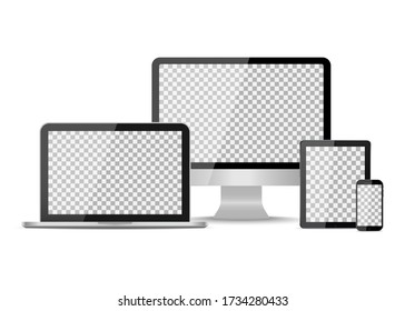 Tablet, laptop, phone and computer devices. Desktop monitor, pc with smartphone. Mockup with blank screen. Digital electronic technology. Design gadget with shadow isolated on white background. Vector