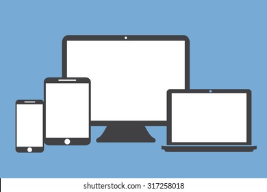 Tablet laptop screen phone Flat style on  blue background