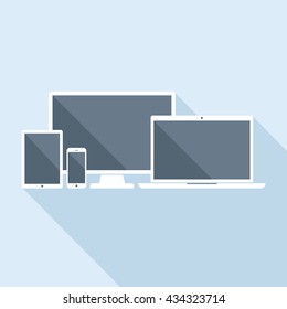 Tablet, laptop, smartphone and desktop computer icons. Set of device icons in flat style. Responsive design mockup of digital devices with blank displays. Vector illustration in EPS8 format.