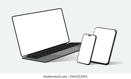 Tablet, and Laptop Vector Mockup in Rotated Positions with Blank Screens. Perspective View of Devices. Vector.