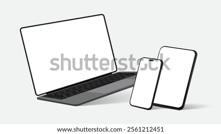 Tablet, and Laptop Vector Mockup in Rotated Positions with Blank Screens. Perspective View of Devices. Vector.