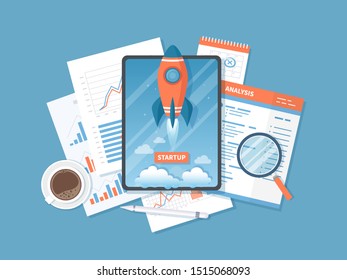 Tablet with launch rocket startup from the screen, documents, calculator. Business analysis, planning idea of successful project start up, strategy, innovation technology, project management Vector 