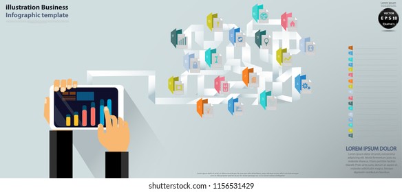Tablet in left hand and right hand pointing to confirmation button on the screen with  Paper fold,Folder icon,Infographic template.