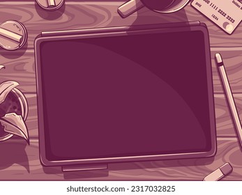 The tablet lies on the table, a stylus, an eraser, a flower, a cup and a credit card.