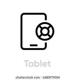 Tablet lifebuoy help icon. Editable line vector. Round support sign over the screen, display electronic gadget. Single pictogram.